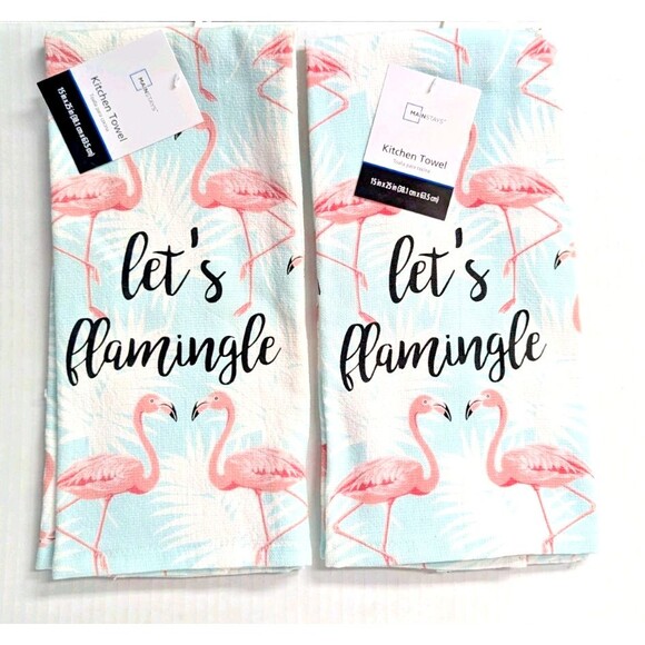 Let's Flamingle Kitchen Towels Flamingo 2-Pc Tropical Pink Blue White Gift NWT - Picture 1 of 6